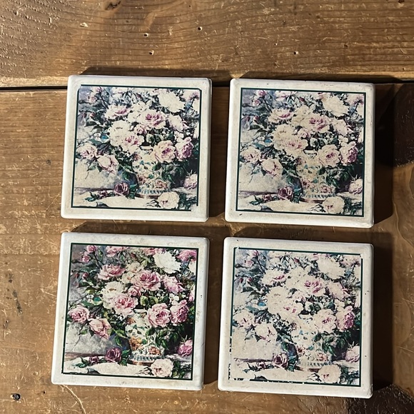 VTG Set of 4 Ceramic Potted Roses Costers - Picture 2 of 4